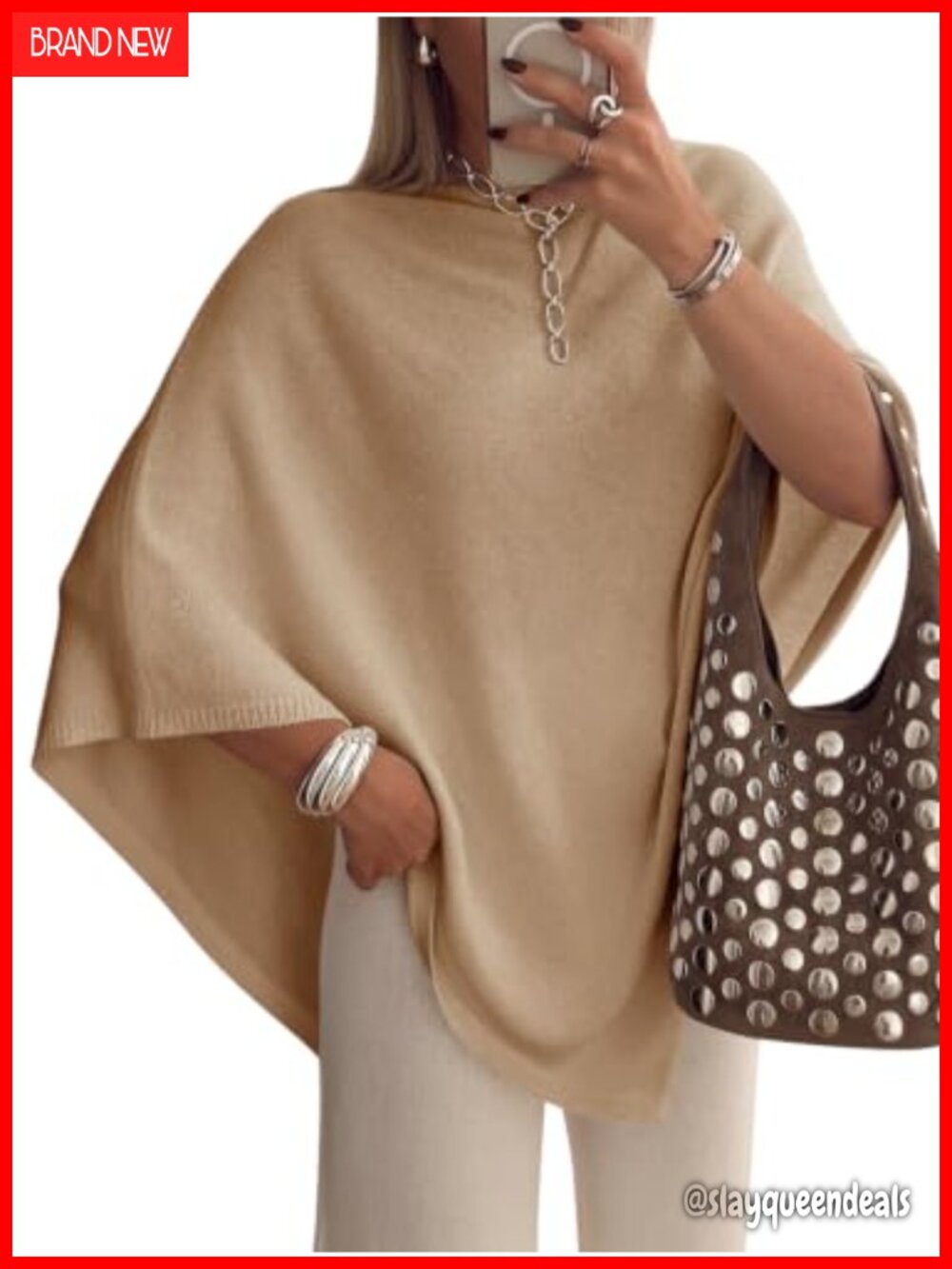 Womens Knit Poncho Sweater Boat Neck Batwing Sleeve Pullover Cape Wrap